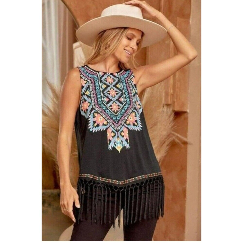 Savannah Jane Women's Size Medium Black Tank Aztec Print Fringe